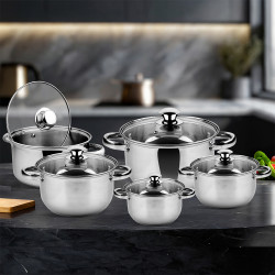 Комплект тенджери Rosberg R51210O10, 10 части, 2.1-6.3 l, Неръждаема стомана, Сребрист