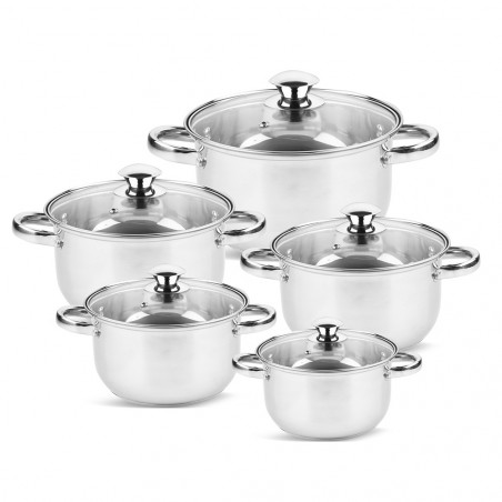 Комплект тенджери Rosberg R51210O10, 10 части, 2.1-6.3 l, Неръждаема стомана, Сребрист