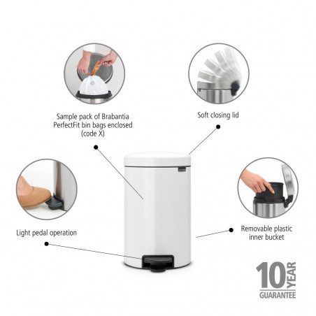 Кош за боклук с педал Brabantia NewIcon 649032, 12 л, Плавно затваряне, Противоплъзгаща основа, Метална вътрешна кофа, Бял
