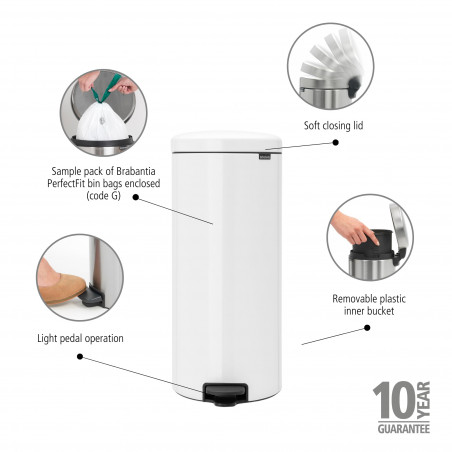Кош за боклук с педал Brabantia NewIcon 649049, 30 л, Плавно затваряне, Противоплъзгаща основа, Бял