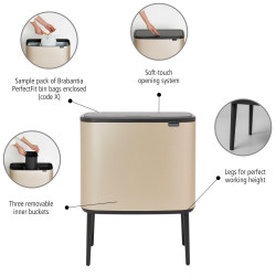 Кош за боклук Brabantia Bo Touch 1003216, 3x11 л, Плавно и безшумно отваряне, Голям отвор, Златен металик