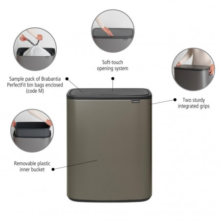 Кош за боклук Brabantia Bo Touch 1001276, 60 л, Плавно и безшумно отваряне, Голям отвор, Бронз