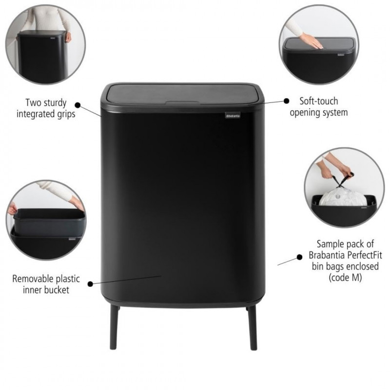 Кош за боклук Brabantia Bo Touch Hi 1001260, 60 л, Повдигнат, Плавно и безшумно отваряне, Черен мат