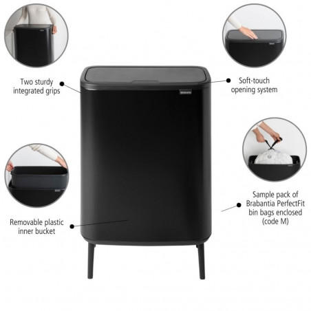Кош за боклук Brabantia Bo Touch Hi 1001260, 60 л, Повдигнат, Плавно и безшумно отваряне, Черен мат