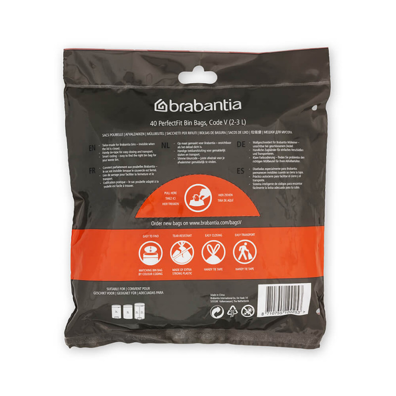 Торбички за кош Brabantia PerfectFit NewIcon 1005507, Размер V, 3 л, 40 броя, Бял