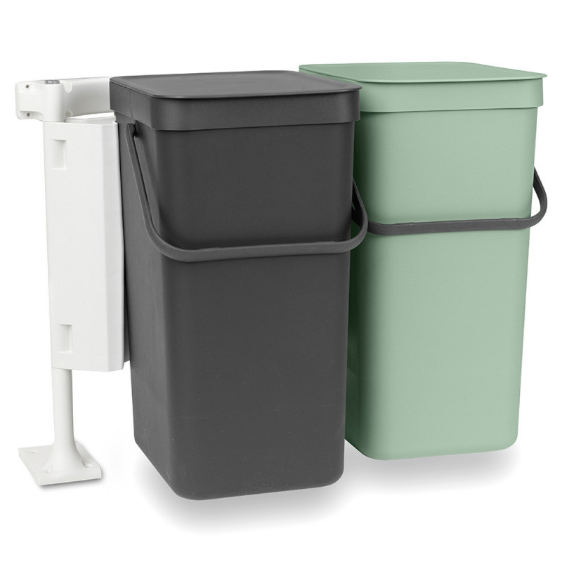 Кош за разделно събиране на боклук Brabantia Sort&Go 1005518, 2x16 л, Монтаж върху врата на кухненски шкаф, Сив/зелен