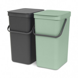 Кош за разделно събиране на боклук Brabantia Sort&Go 1005518, 2x16 л, Монтаж върху врата на кухненски шкаф, Сив/зелен