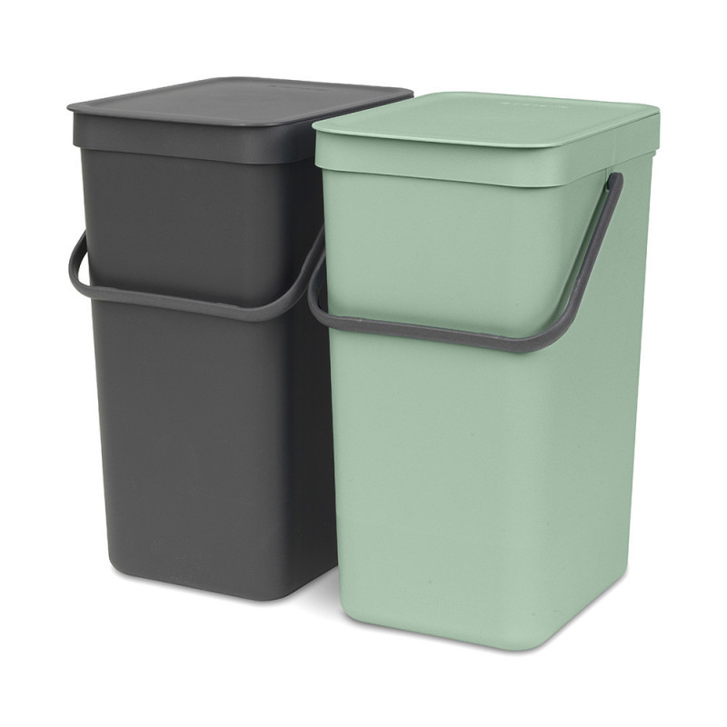 Кош за разделно събиране на боклук Brabantia Sort&Go 1005518, 2x16 л, Монтаж върху врата на кухненски шкаф, Сив/зелен