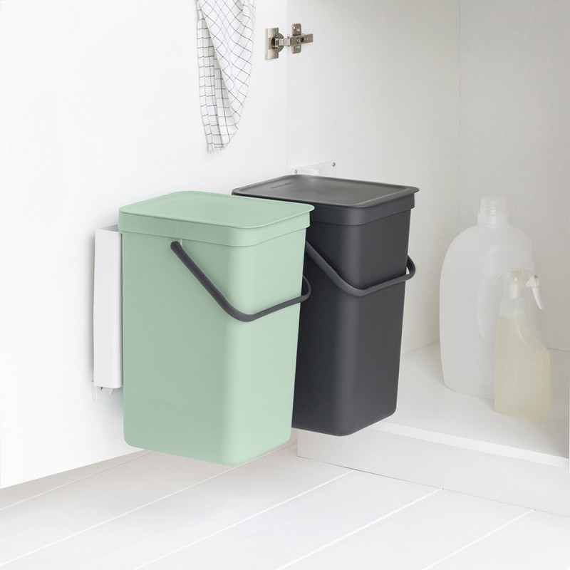 Кош за разделно събиране на боклук Brabantia Sort&Go 1005518, 2x16 л, Монтаж върху врата на кухненски шкаф, Сив/зелен