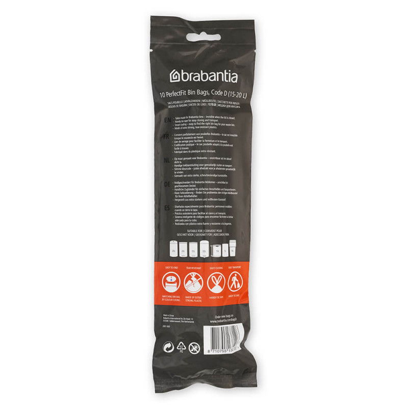 Торбички за кош Brabantia PerfectFit Sort&Go/Built-In 1005567, Размер D, 15-20 л, 10 броя, Бял