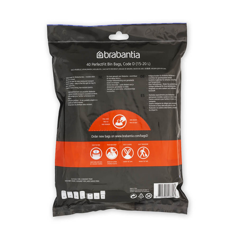 Торбички за кош Brabantia PerfectFit Sort&Go/Built-In 1005568, Размер D, 15-20 л, 40 броя, Бял