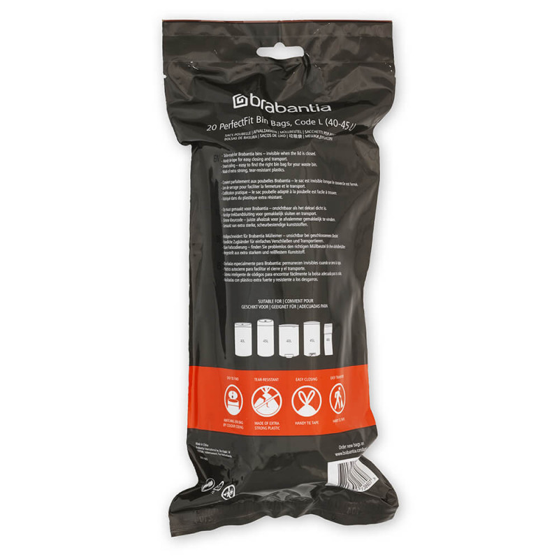 Торба за кош Brabantia PerfectFit FlatBack+/Touch 1005574, Размер L, 40-45 л, 20 броя, Бял