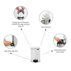Кош за боклук с педал Brabantia NewIcon 648991, 3 л, Плавно затваряне, Противоплъзгаща основа, Бял