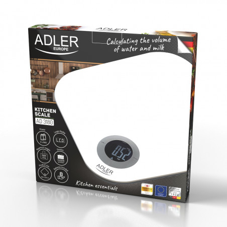 Кухненска везна Adler AD 3180, До 10 кг, Измерване на течности, ТАРА, LCD дисплей, 2 x AAA, Бял