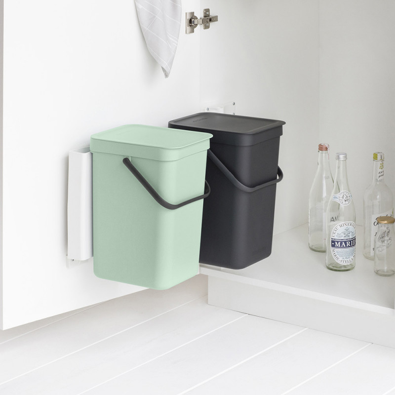 Кош за разделно събиране на боклук Brabantia Sort&Go 1005513, 2x12 л, Монтаж върху врата на кухненски шкаф, Сив/зелен