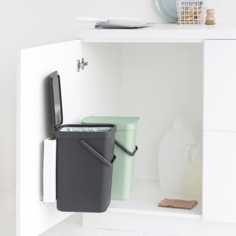 Кош за разделно събиране на боклук Brabantia Sort&Go 1005513, 2x12 л, Монтаж върху врата на кухненски шкаф, Сив/зелен