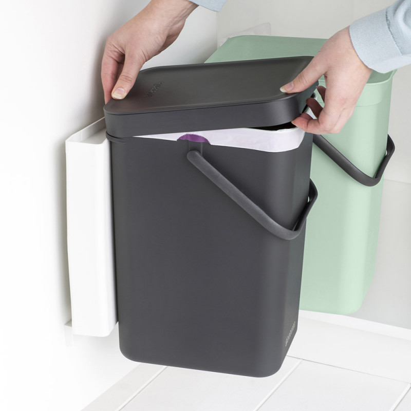 Кош за разделно събиране на боклук Brabantia Sort&Go 1005513, 2x12 л, Монтаж върху врата на кухненски шкаф, Сив/зелен