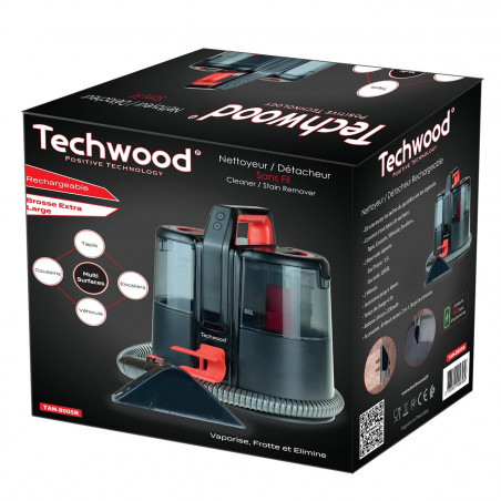 Прахосмукачка за текстил  Techwood TAN-8005R, 185W, Li-Ion 220 mAh, Безжична употреба, Резервоар за чиста и отпадъчна вода, 40 мин автономия, 2 скорости, Черен/червен