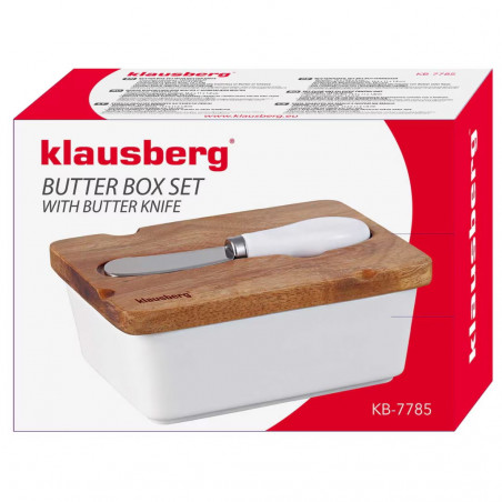 Керамична кутия за масло с нож Klausberg KB 7785, Акациево дърво, Неръждаема стомана, Бял/кафяв
