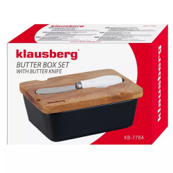 Керамична кутия за масло с нож Klausberg KB 7784, Акациево дърво, Черен/кафяв