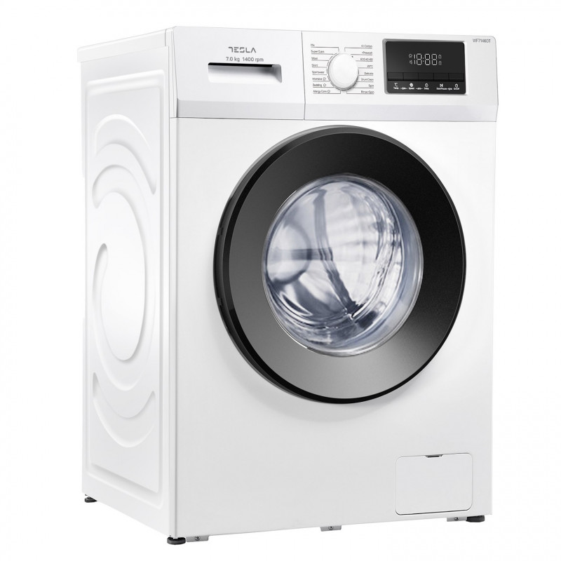 Пералня с предно зареждане Tesla WF71460T, 7 кг, 16 програми, 1400 rpm, Инверторен мотор, Клас А, Отложен старт, Защита от деца, Бял/сив
