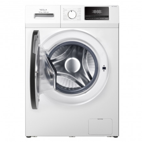 Пералня с предно зареждане Tesla WF71460T, 7 кг, 16 програми, 1400 rpm, Инверторен мотор, Клас А, Отложен старт, Защита от деца, Бял/сив