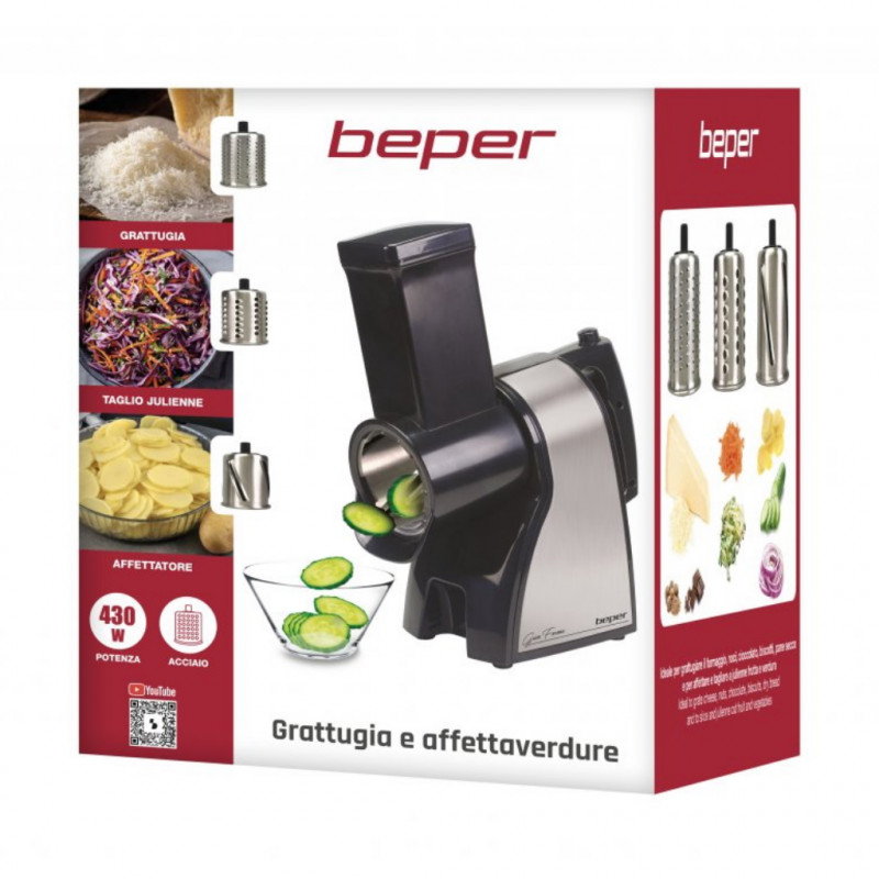 Електрическо ренде Beper BP.400, 430W, Неръждаема стомана, 3 приставки, Голям отвор, Черен/сив