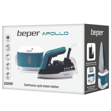 Ютия Beper P204CAL200, 2250W, Керамична плоча, Термостат, Филтър, Непрекъснат цикъл, Бял/синьозелен