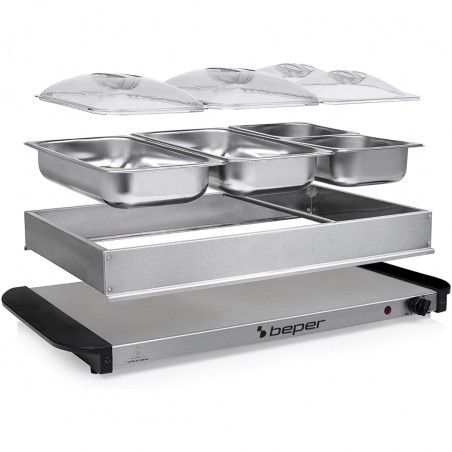 Уред за затопляне на храна Beper P101TEM002, 300W, 4 подвижни отделения, Термостат, Индикаторна светлина, Инокс
