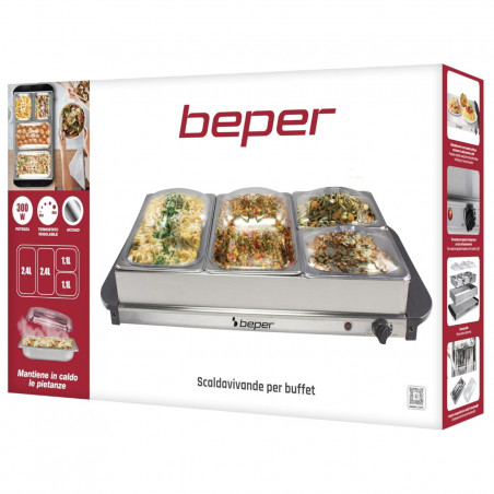 Уред за затопляне на храна Beper P101TEM002, 300W, 4 подвижни отделения, Термостат, Индикаторна светлина, Инокс