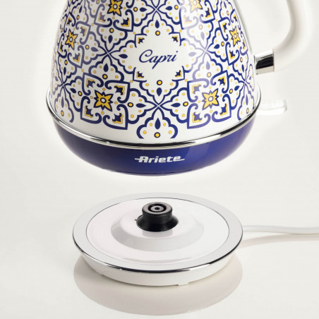 Електрическа кана Ariete Capri 2869/0C, 2000W, 1.7 л, Подвижен филтър, Прозорец за водата, 360C безжична основа, Бял/син