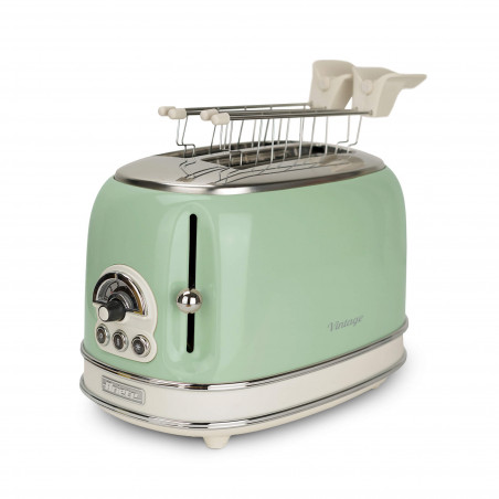 Тостер за хляб Ariete VINTAGE 0155/04, 810W, 2 филии, 3 функции, 6 степени, Подвижна тава за трохи, Зелен