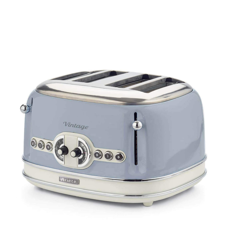 Тостер за хляб Ariete VINTAGE 0156/05, 1600W, 4 филии, 3 функции, 6 степени, Подвижна тава за трохи, Син