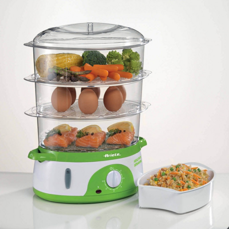 Уред за готвене на пара Ariete HEALTHY STEAM 0911/01, 800W, 9 л, 3 кошници, Таймер, Външно пълнене, Бял/зелен