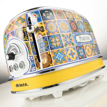Тостер за хляб Ariete Positano 0155/0P, 810W, 2 филии, 3 функции, 6 степени, Подвижна тава за трохи, Бял/Жълт