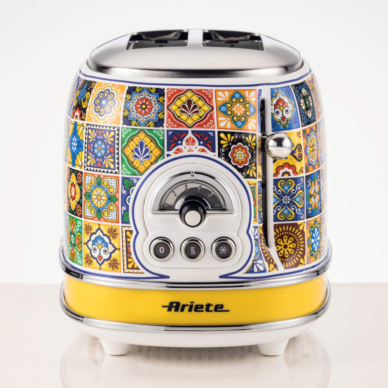 Тостер за хляб Ariete Positano 0155/0P, 810W, 2 филии, 3 функции, 6 степени, Подвижна тава за трохи, Бял/Жълт