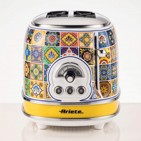 Тостер за хляб Ariete Positano 0155/0P, 810W, 2 филии, 3 функции, 6 степени, Подвижна тава за трохи, Бял/Жълт