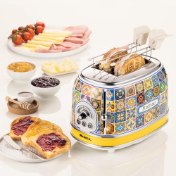 Тостер за хляб Ariete Positano 0155/0P, 810W, 2 филии, 3 функции, 6 степени, Подвижна тава за трохи, Бял/Жълт