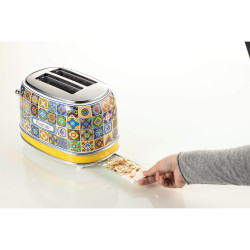 Тостер за хляб Ariete Positano 0155/0P, 810W, 2 филии, 3 функции, 6 степени, Подвижна тава за трохи, Бял/Жълт