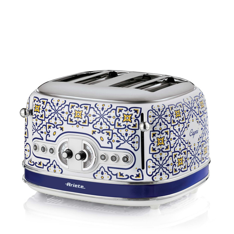 Тостер за хляб Ariete Capri 0156/0C, 1600W, 4 филии, 3 функции, 6 степени, Подвижна тава за трохи, Бял/Син