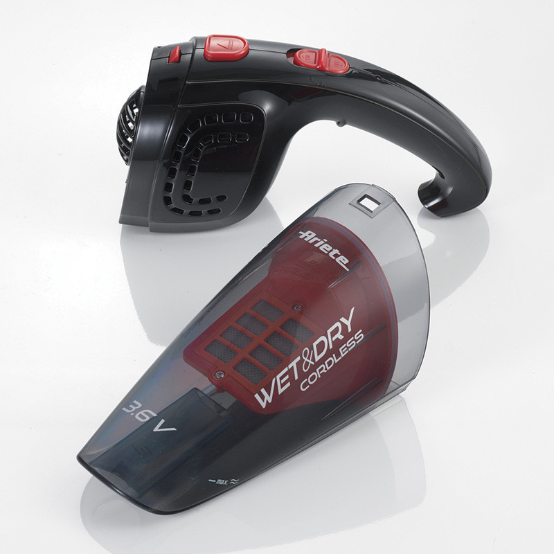 Ръчна прахосмукачка Ariete WET & DRY CORDLESS 2474/00, 400 мл, Батерия LI-Ion 1200 mAh/3.6V, Автономия 12 мин, Миещ се филтър, Черен/Червен