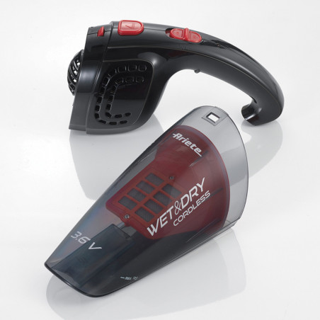 Ръчна прахосмукачка Ariete WET & DRY CORDLESS 2474/00, 400 мл, Батерия LI-Ion 1200 mAh/3.6V, Автономия 12 мин, Миещ се филтър, Черен/Червен