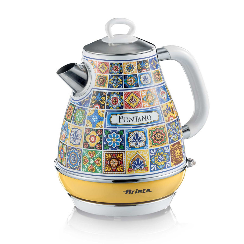 Електрическа кана Ariete Positano 2869/0P, 2000W, 1.7 л, Подвижен филтър, Прозорец за водата, 360C безжична основа, Бял/Жълт