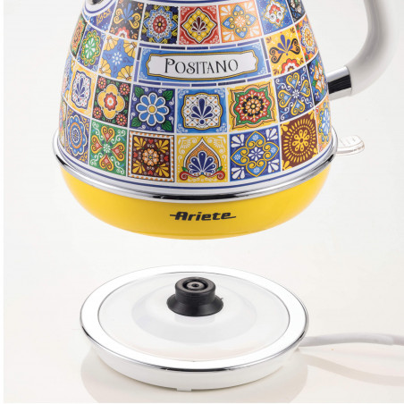 Електрическа кана Ariete Positano 2869/0P, 2000W, 1.7 л, Подвижен филтър, Прозорец за водата, 360C безжична основа, Бял/Жълт
