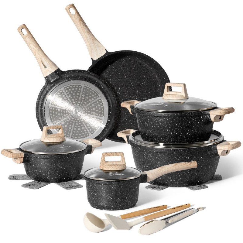 Комплект тенджери и тигани Just Perfecto JL-27, 15 ч, Отливка, Мраморно покритие, Индукция, Аксесоари, Графитен
