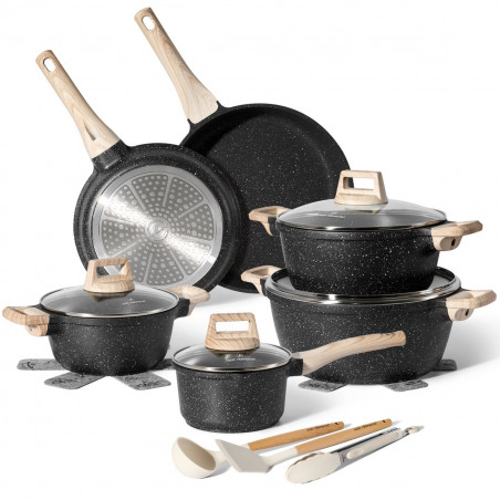 Комплект тенджери и тигани Just Perfecto JL-27, 15 ч, Отливка, Мраморно покритие, Индукция, Аксесоари, Графитен