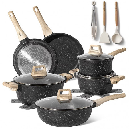 Комплект тенджери и тигани Just Perfecto JL-789, 15 ч, Отливка, Мраморно покритие, Индукция, Аксесоари, Черен