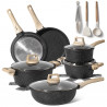 Комплект тенджери и тигани Just Perfecto JL-789, 15 ч, Отливка, Мраморно покритие, Индукция, Аксесоари, Черен