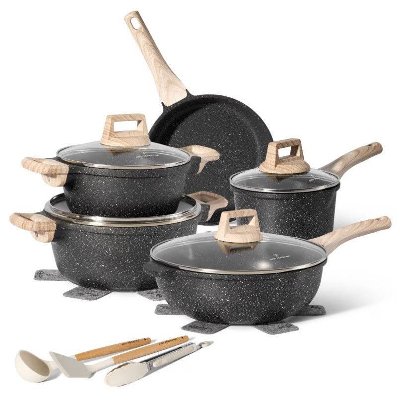 Комплект тенджери и тигани Just Perfecto JL-778, 14 ч, Отливка, Мраморно покритие, Индукция, Аксесоари, Черен