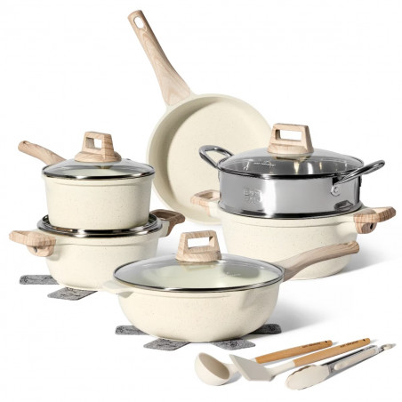 Комплект тенджери и тигани Just Perfecto JL-779, 15 ч, Отливка, Мраморно покритие, Индукция, Съд за готвене на пара, Аксесоари, Бежов